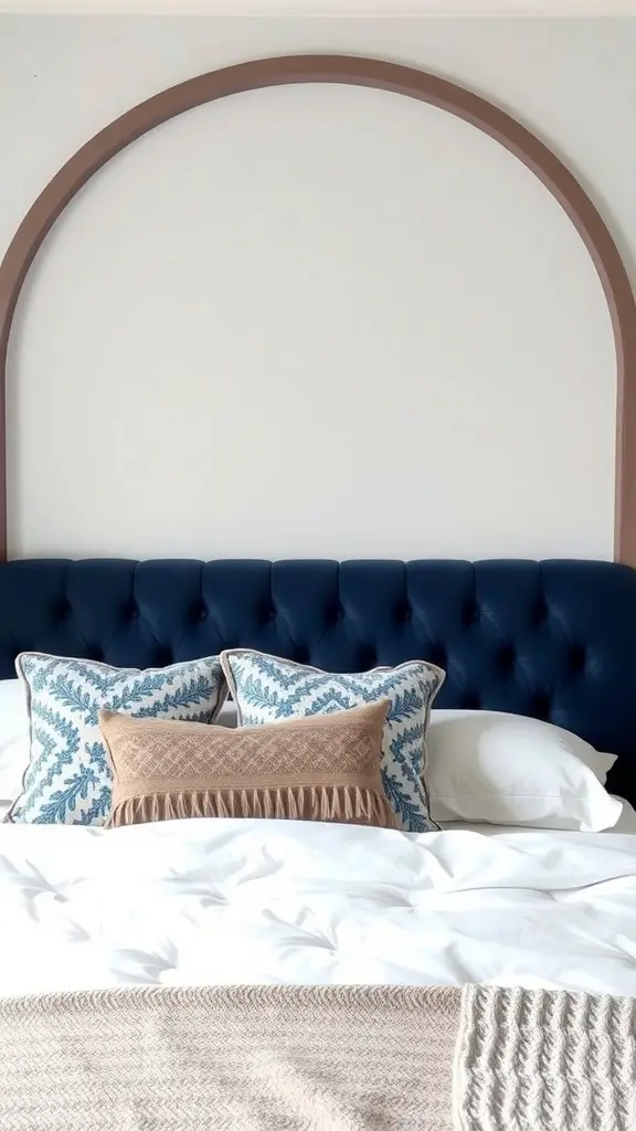 37+ Stunning Dark Blue Bedroom Ideas for a Cozy Retreat 2 Luxurious dark blue velvet headboard with decorative pillows