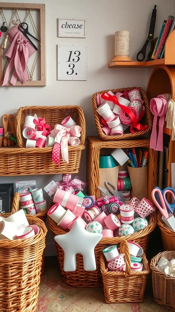 A cozy crafting corner with baskets filled with colorful ribbons and crafting supplies.