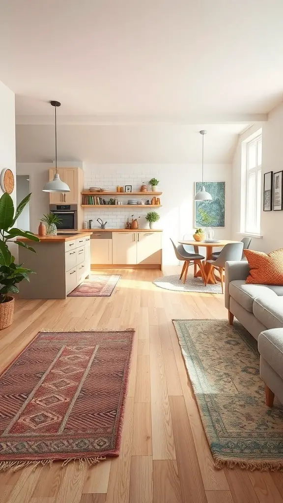 27+ Stunning Open Plan Kitchen Living Room Ideas to Transform Your Space 6 Open plan kitchen and living room with rugs defining areas