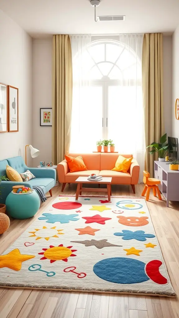 A colorful kids' rug with playful shapes in a bright living room setting.