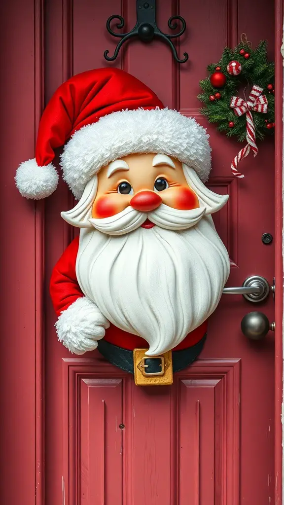A whimsical Santa Claus door decoration featuring a smiling Santa with a red hat and fluffy beard, peeking out from a red door, accompanied by a festive wreath.
