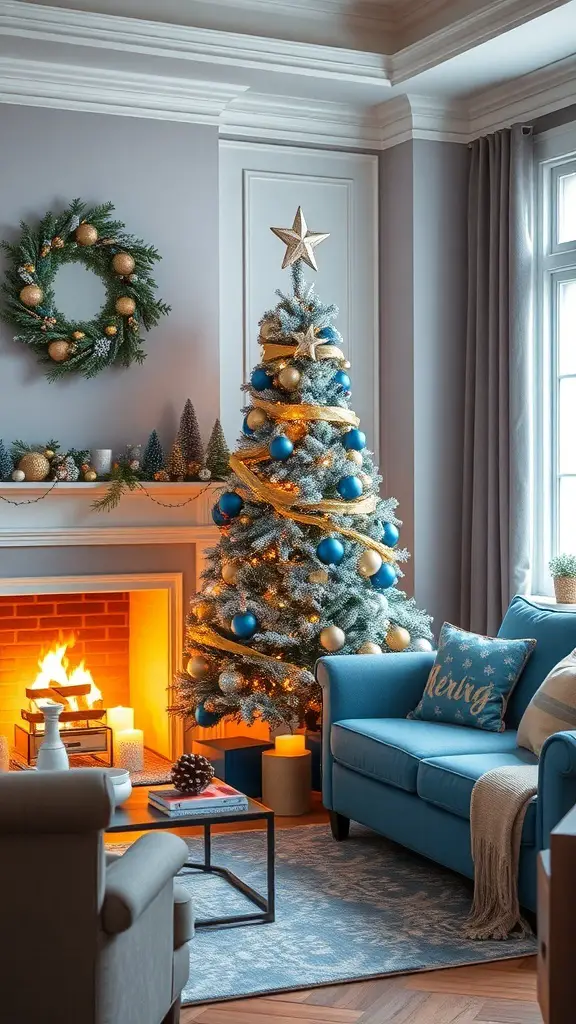 Cozy living room with a blue and gold Christmas tree, fireplace, and festive decorations