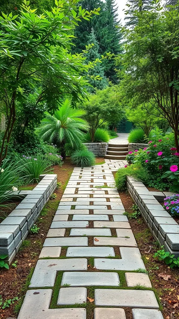 A garden pathway made of stone pavers, surrounded by lush greenery and colorful flowers.