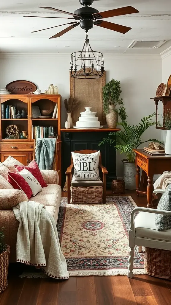 27+ Vintage Farmhouse Living Room Ideas for Cozy Charm 7 A cozy vintage farmhouse living room with layered textiles and warm colors.
