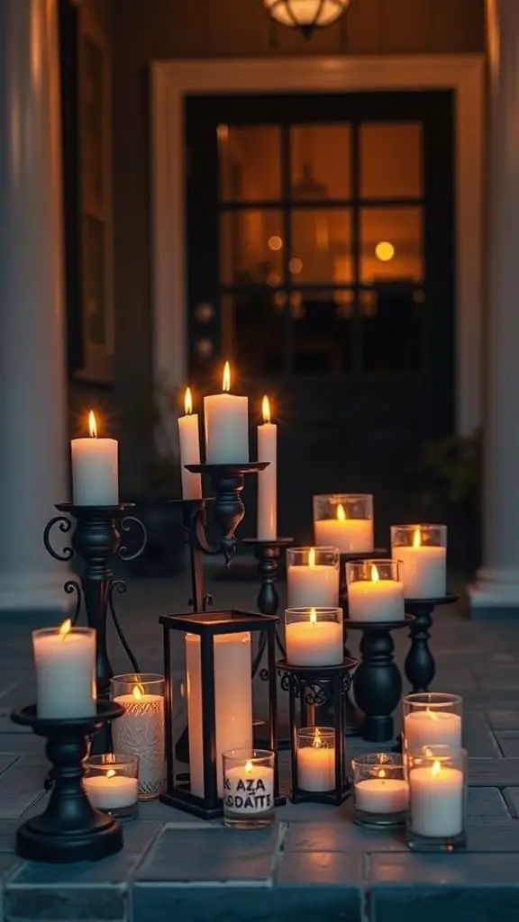 29+ Creative Halloween Porch Ideas to Spookify Your Home 18 A collection of flickering candles arranged on a porch, creating a warm and inviting atmosphere.