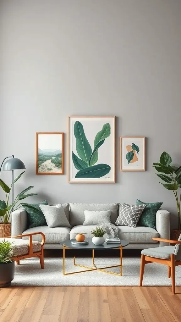 27+ Stunning Grey and Green Living Room Ideas 4 A stylish living room featuring grey walls, green artwork, and plants.