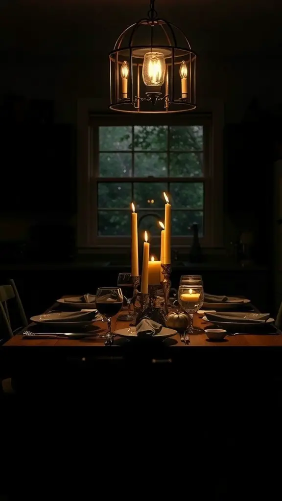 29+ Essential Items for a Cozy Dark Cottagecore Kitchen 2 A dark cottagecore kitchen with a candlelit table, featuring tall candles and a vintage light fixture.