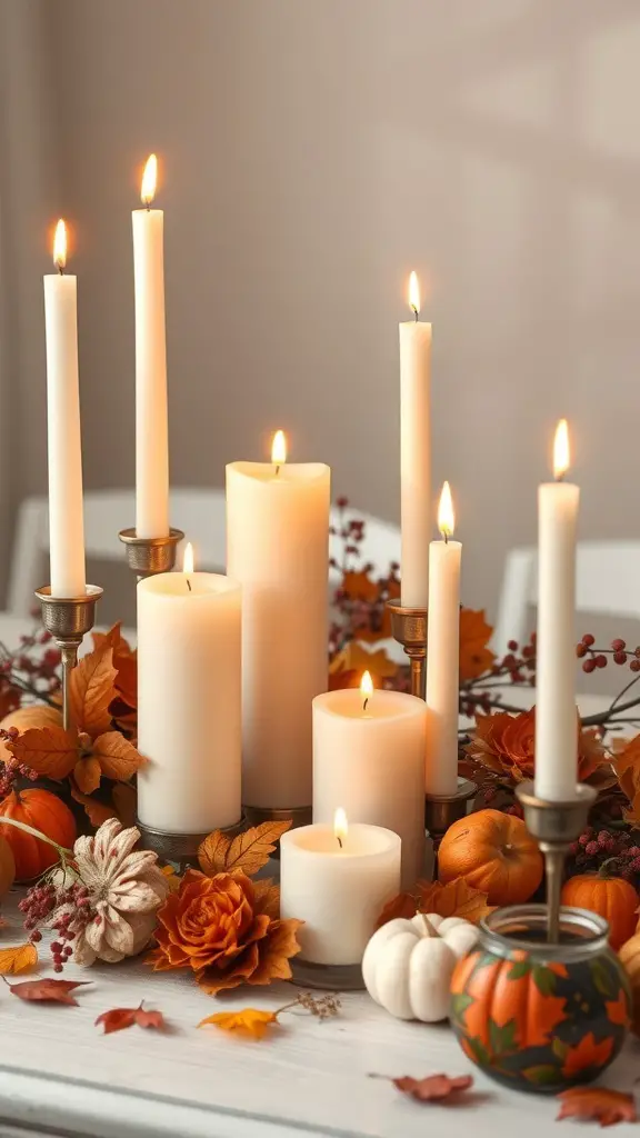 29+ Creative Thanksgiving Party Decorations You Need to Try 18 A beautiful arrangement of candles surrounded by autumn leaves and pumpkins, creating a warm Thanksgiving atmosphere.