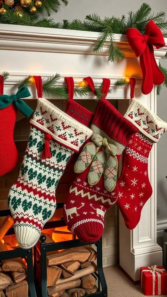 31+ Creative DIY Christmas Decorations You Can Make at Home 11 Colorful upcycled sweater stockings hanging on a fireplace