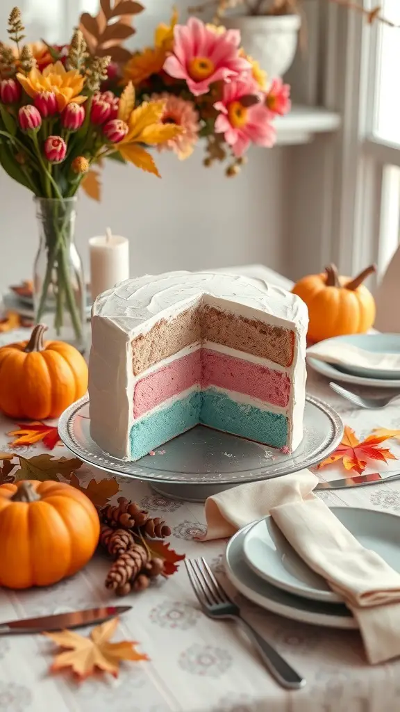 23+ Creative Fall Gender Reveal Ideas for Your Autumn Celebration 13 A festive Thanksgiving table with a colorful layered cake, pumpkins, and autumn decorations.