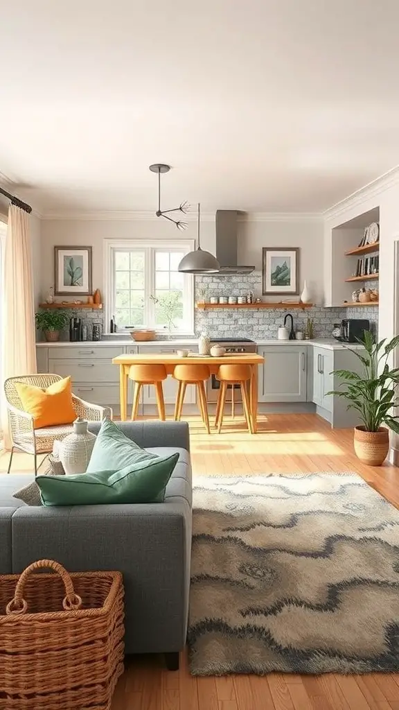27+ Stunning Open Plan Kitchen Living Room Ideas to Transform Your Space 16 A bright open plan kitchen and living room featuring a cozy couch, vibrant cushions, a stylish rug, and decorative plants.