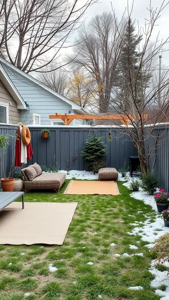 A backyard with a mix of grass and snow, featuring outdoor furniture and plants.