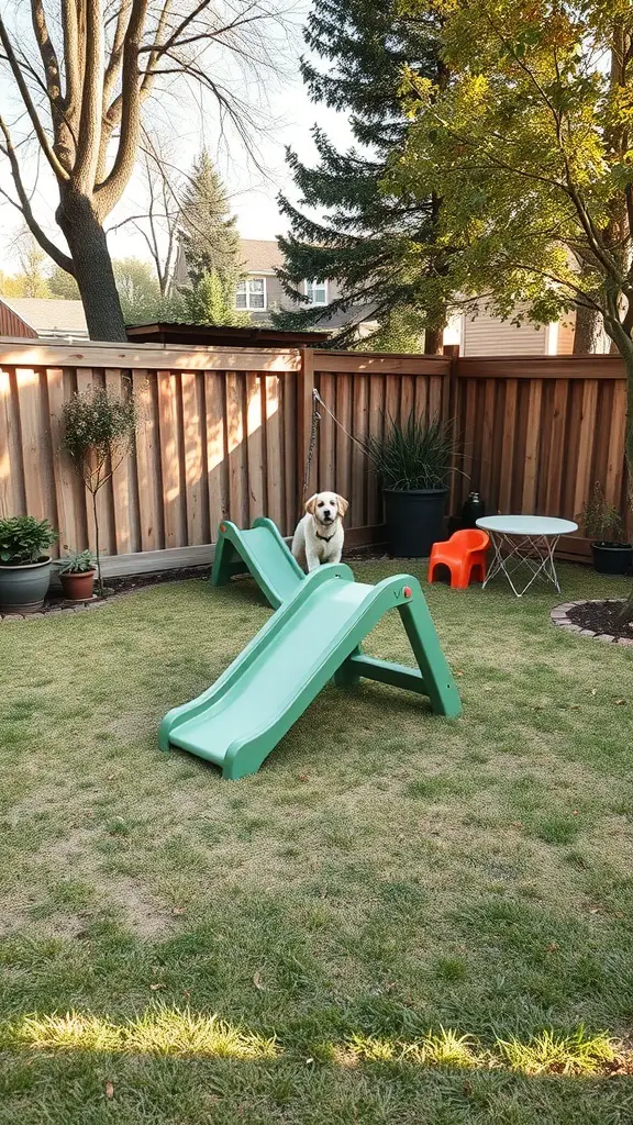 A backyard with a green slide and a dog sitting nearby, surrounded by grass and plants.