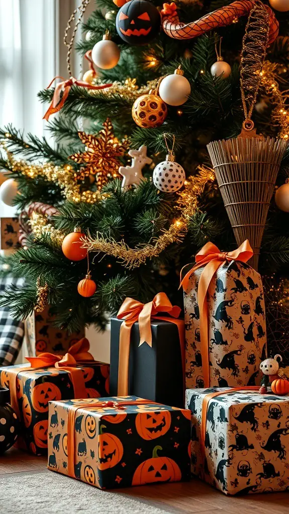 29+ Creative Halloween Christmas Tree Ideas to Spook Up Your Holiday Decor 20 A Halloween-themed Christmas tree with spooky ornaments and gifts wrapped in Halloween designs.