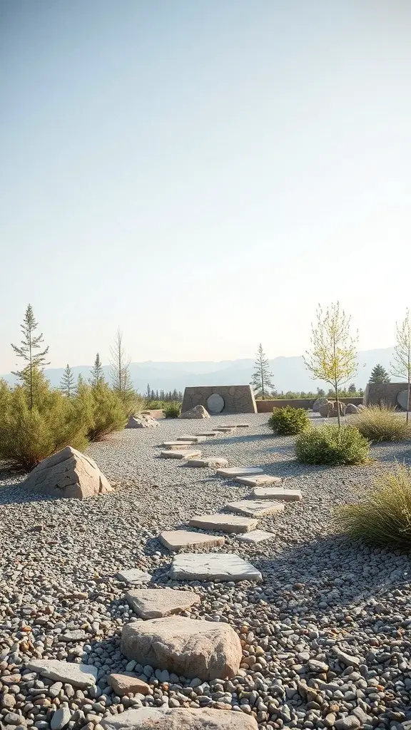 A landscaped backyard featuring a stone pathway through gravel with plants and boulders.