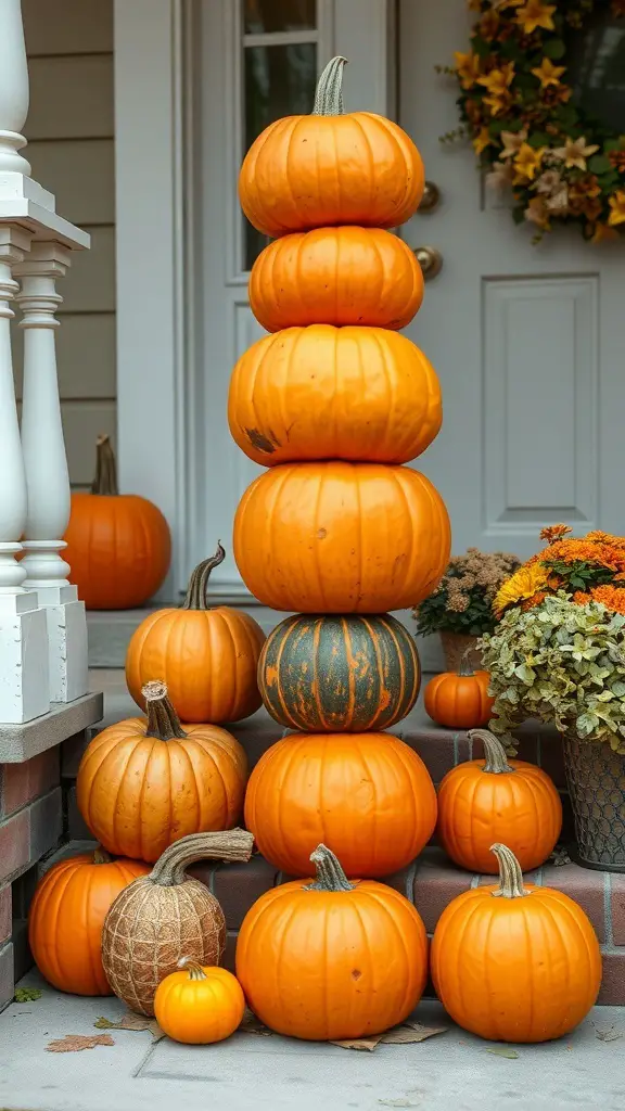29+ Creative Halloween Porch Ideas to Spookify Your Home 8 A stacked arrangement of pumpkins on a porch, featuring orange and white pumpkins of various sizes.