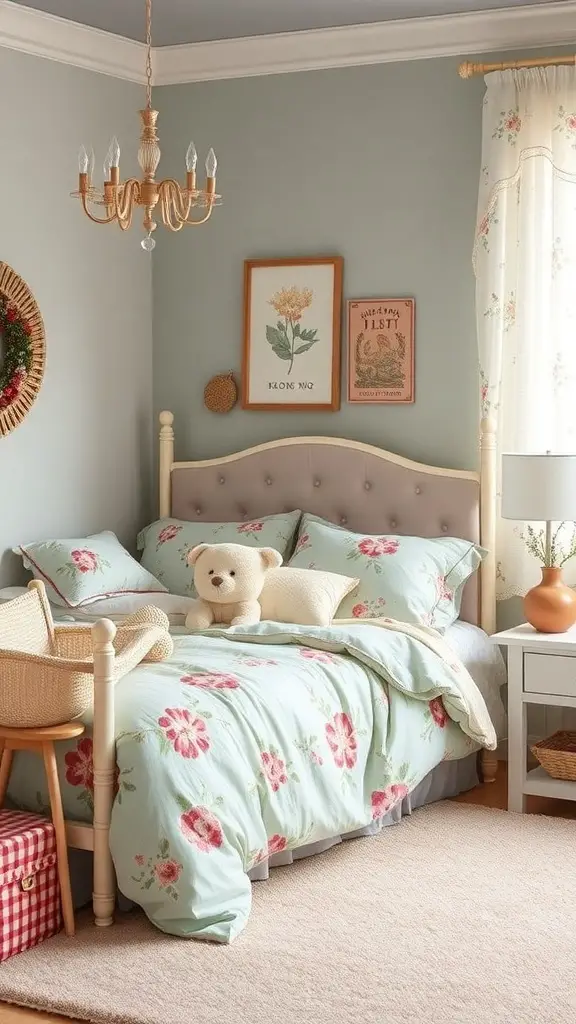 37+ Vintage Kids Room Ideas to Inspire Your Decor 12 A vintage-inspired kids' room featuring floral bedding, a teddy bear, and soft pastel colors.