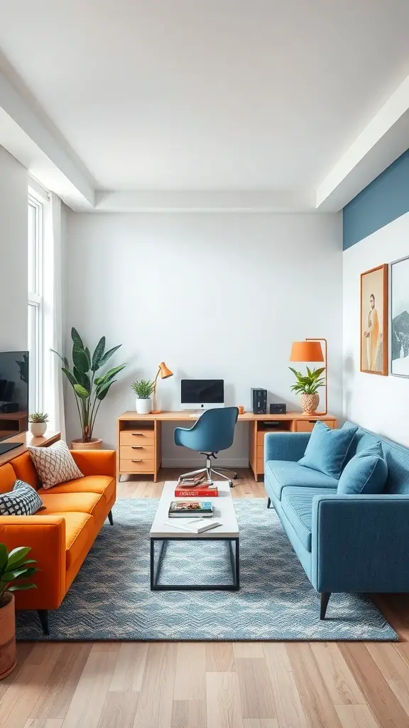 A stylish home office featuring blue and orange furniture, a desk, and plants.