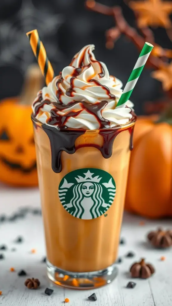 23+ Spooktacular Halloween Coffee Bar Ideas for a Festive Fall Celebration 8 A Pumpkin Monster Frappuccino topped with whipped cream and chocolate sauce, with Halloween decorations in the background.