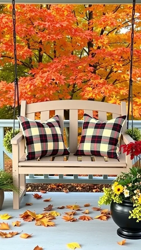 A cozy porch swing with plaid accent pillows, surrounded by colorful autumn leaves and flower pots.