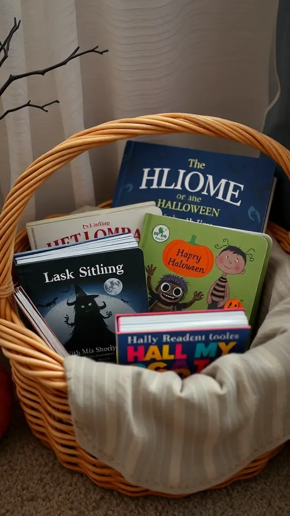 27+ Creative Boo Basket Ideas for a Spooktacular Surprise 15 A cozy basket filled with Halloween-themed children's books.