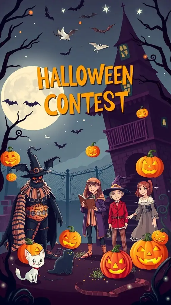 A colorful Halloween contest scene with participants in costumes, pumpkins, and a haunted house backdrop.