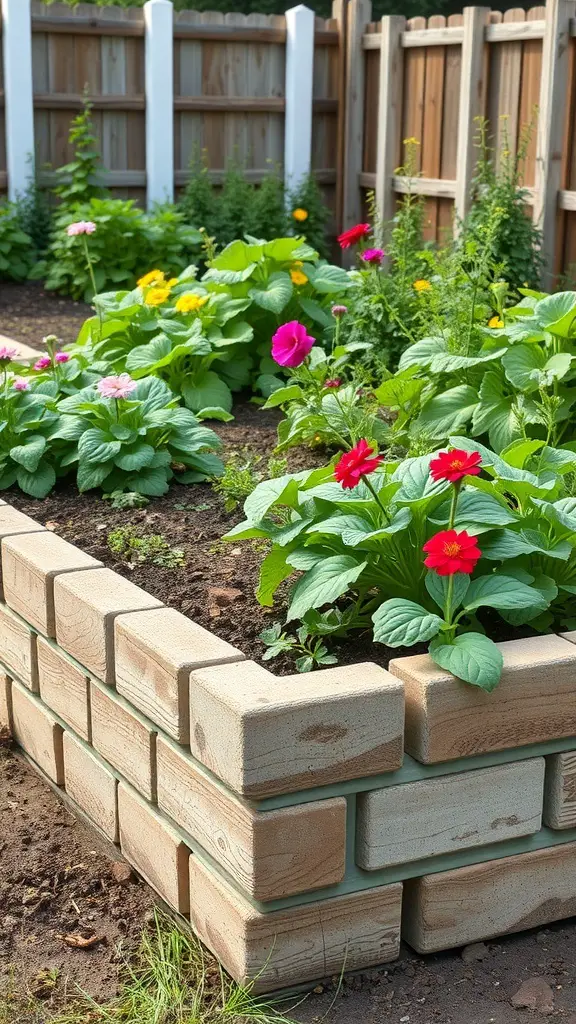 21+ Budget-Friendly Garden Ideas to Transform Your Outdoor Space 10 A raised garden bed made of cinder blocks filled with colorful flowers and green plants.