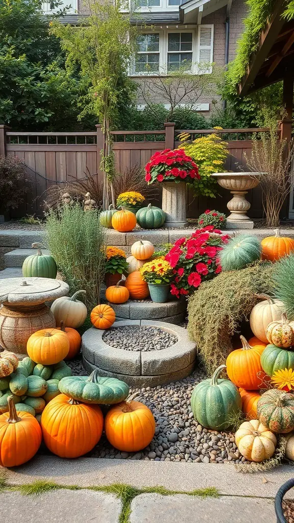 23+ Stunning Rectangular Backyard Design Ideas You’ll Love 14 A beautifully decorated backyard with pumpkins and flowers, showcasing seasonal decor ideas.
