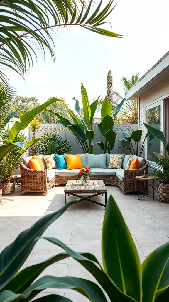 17 Stylish Patio Furniture Layout Ideas for Your Outdoor Space 7 A cozy lounge area with a sectional sofa, colorful pillows, and surrounding greenery.