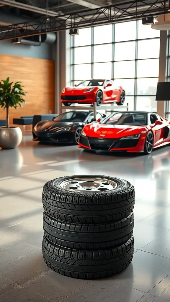 23+ Creative Car Room Decor Ideas for Enthusiasts 15 A stack of tires used as an ottoman in a modern car showroom