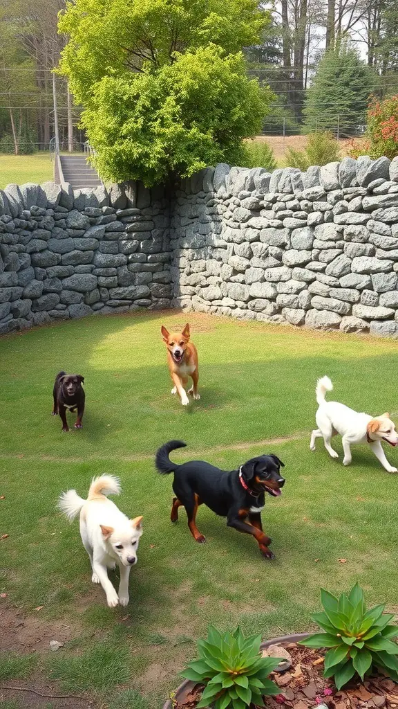 Dogs playing in a yard surrounded by a stone wall