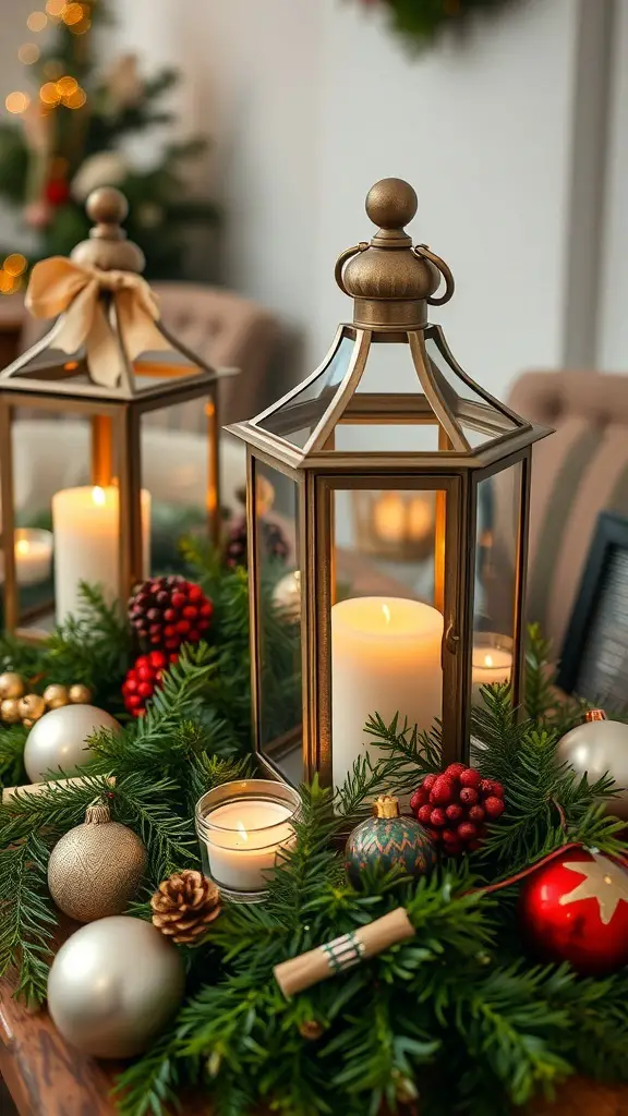 31+ Creative Christmas Centerpieces for Your Holiday Table 10 Candlelit lanterns surrounded by greenery and festive decorations