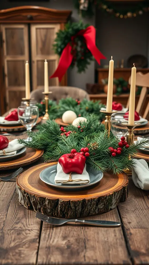 37+ Stunning Christmas Table Decorations You'll Love 10 A rustic Christmas table setting featuring wooden chargers, greenery, red apples, and golden candles.