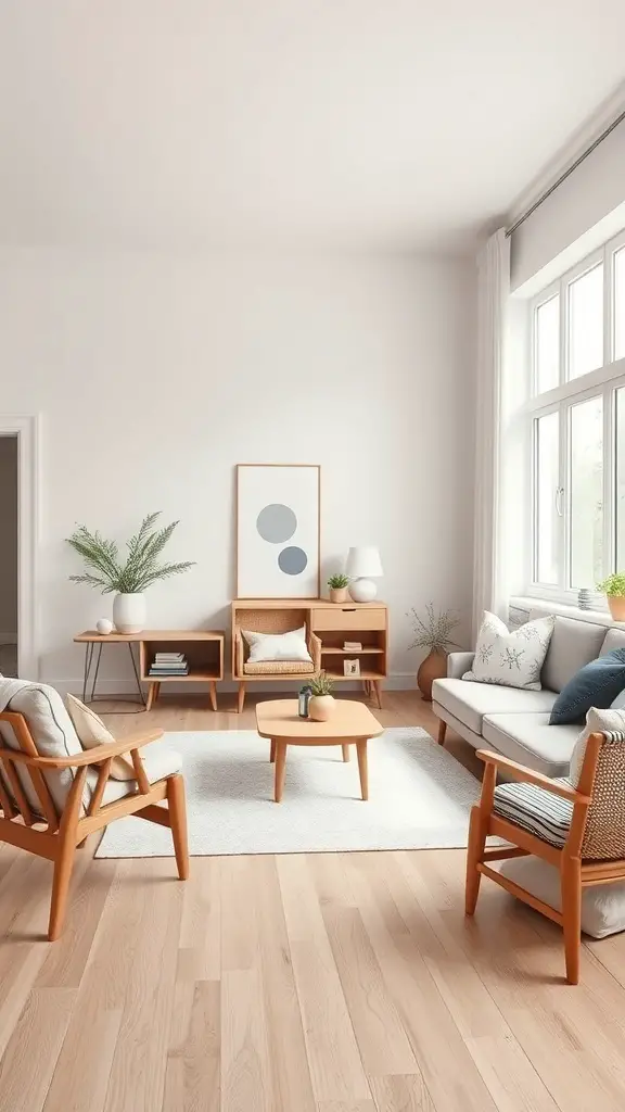 25+ Stunning Items to Achieve a Stockholm-Style Room Makeover 13 A minimalist Scandinavian style living room with light wood flooring, simple furniture, and natural light.