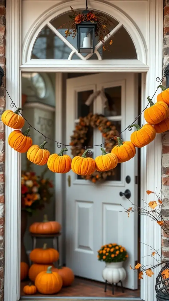 29+ Creative Halloween Craft Ideas to Spookify Your Home 19 A decorative felt pumpkin garland hanging on a door, surrounded by pumpkins and autumn decor.