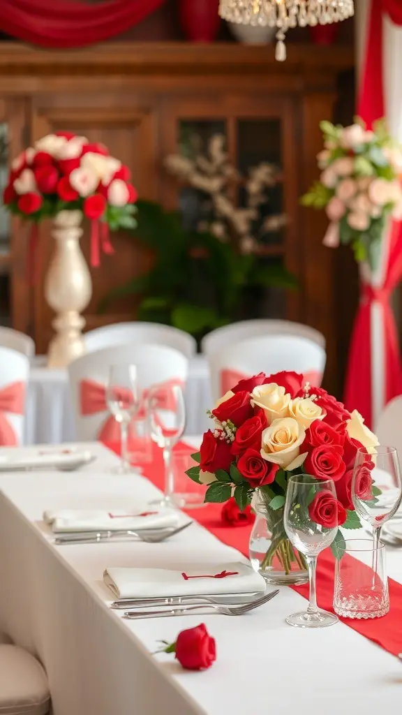 27+ Stunning Wedding Theme Color Schemes to Inspire Your Big Day 16 A wedding table setting featuring red and white flowers, elegant glassware, and a romantic atmosphere.