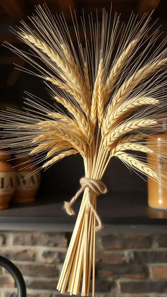 A bundle of dried wheat stalks tied with twine, showcasing a rustic decor piece.