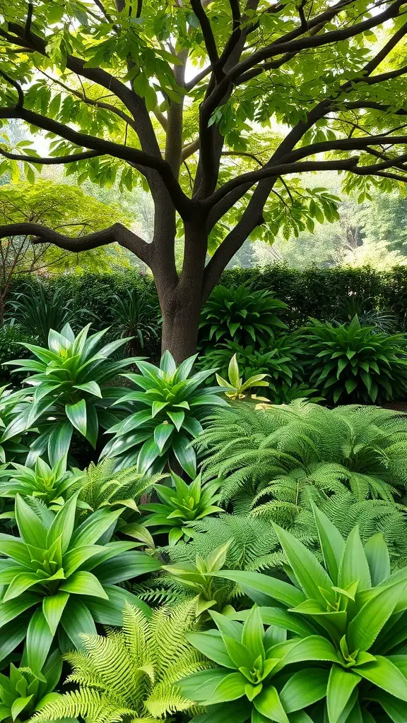 21+ Budget-Friendly Garden Ideas to Transform Your Outdoor Space 20 A lush garden featuring hostas and ferns under a tree, showcasing a vibrant shade garden.