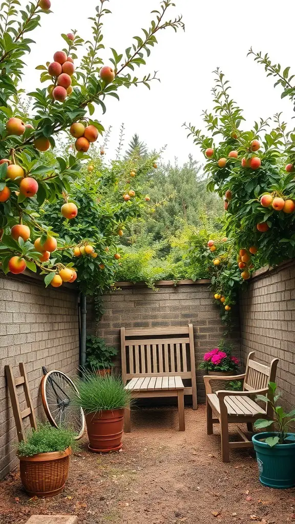 A cozy fruit tree enclosure with seating and potted plants