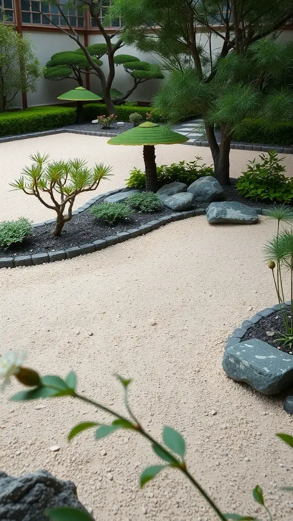 A serene Zen garden corner with smooth stones, raked sand, and lush greenery.