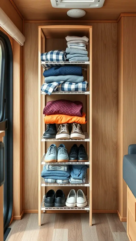 33+ Creative Camper Clothes Storage Ideas for Your Next Adventure 14 A vertical shelving unit in a camper filled with folded clothes and shoes.