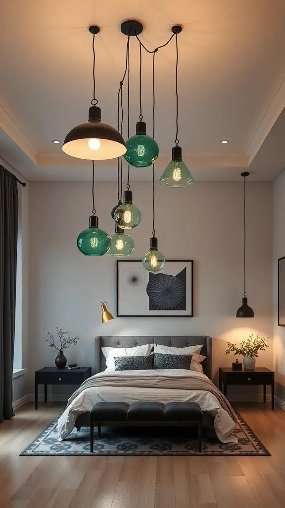 35+ Stunning Dark Green Bedroom Ideas for a Cozy Retreat 2 A stylish dark green bedroom with various hanging lighting fixtures.