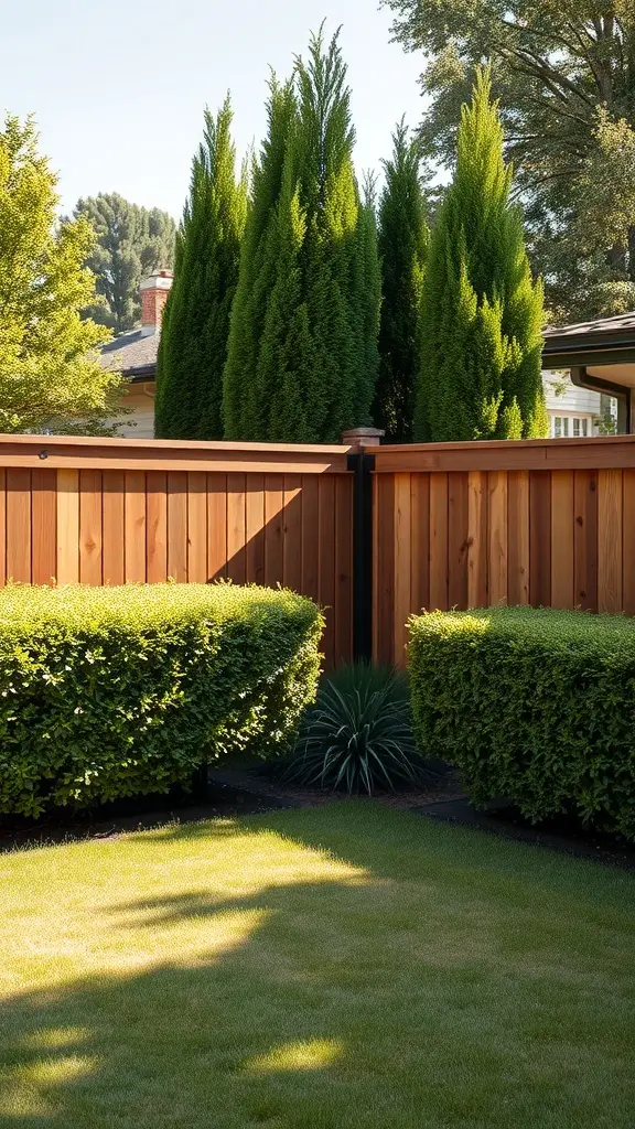 A backyard with a wooden fence and tall green hedges providing privacy.