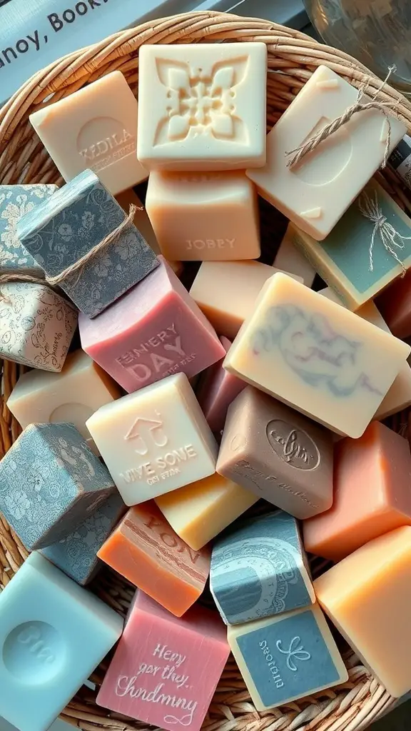 A variety of colorful handmade soaps arranged in a basket.