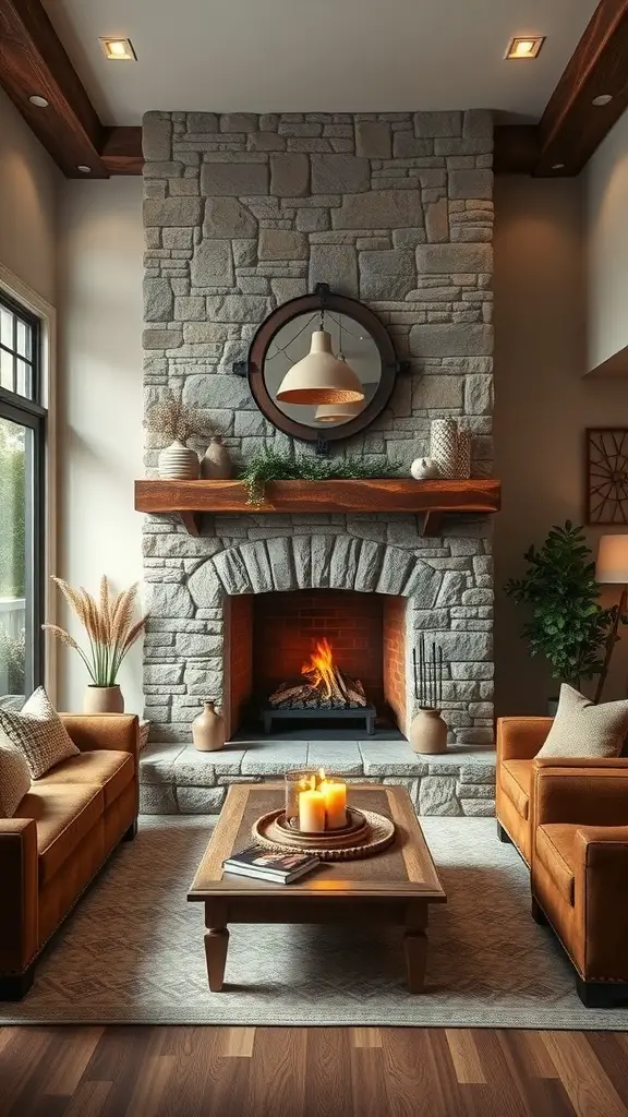 Cozy French country living room featuring a stone fireplace as the focal point, with comfortable sofas and a wooden coffee table.