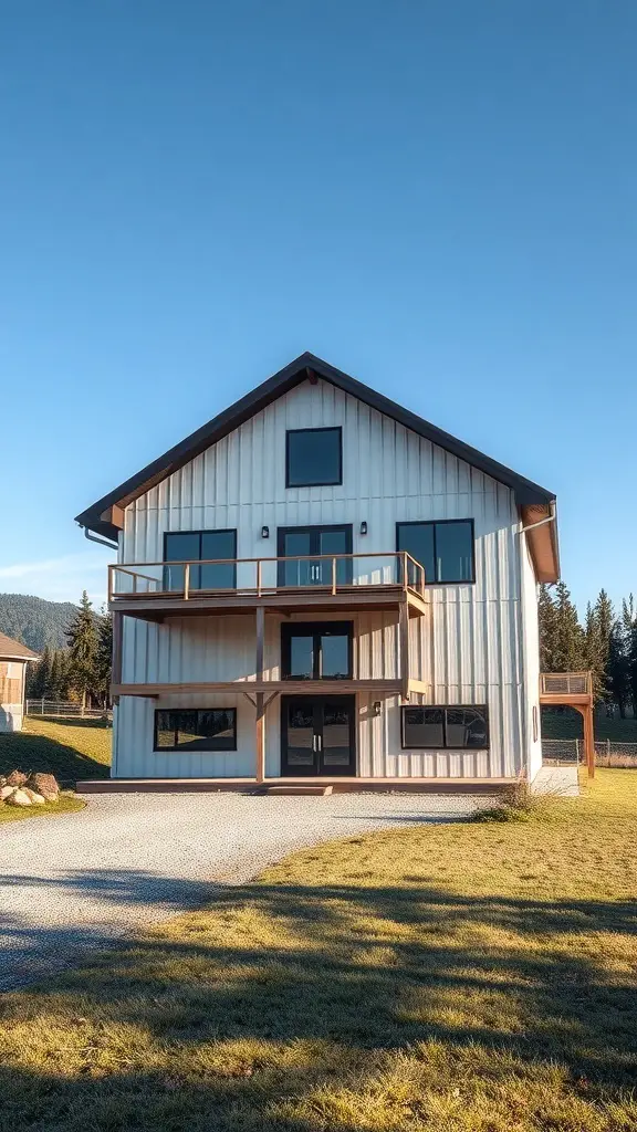 35+ Unique Pole Barn House Plans You'll Love 6 A multi-story pole barn house with balconies and large windows, set against a clear blue sky.