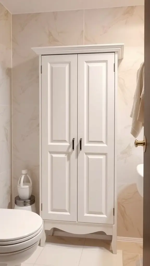 A sleek white towel cabinet with double doors in a small bathroom