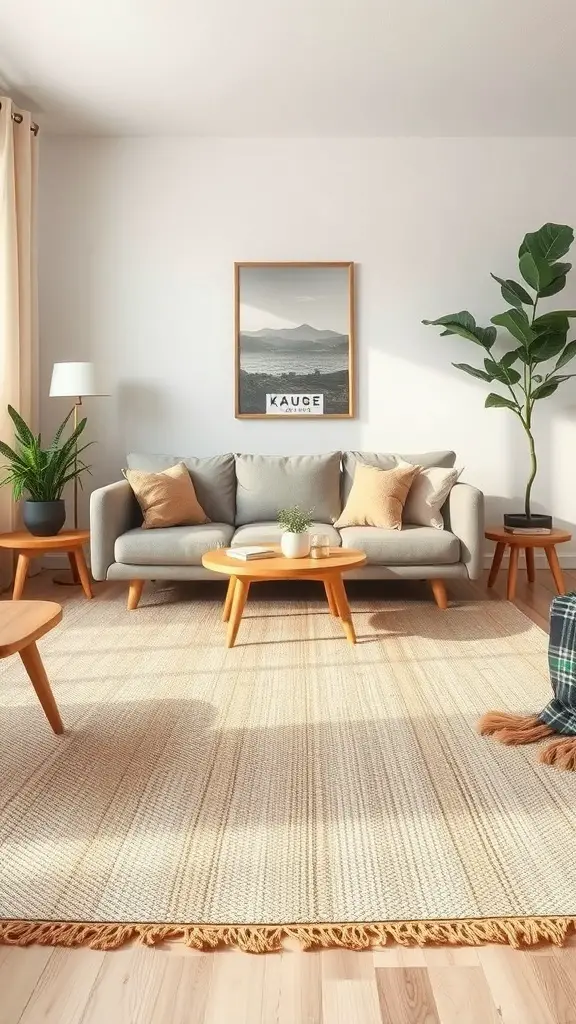 Cozy living room with a natural fiber rug, gray sofa, and wooden furniture.
