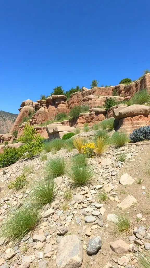 25+ Inspiring Rock Bed Landscaping Ideas for Your Garden 20 A sloped landscape featuring rocks and green plants under a clear blue sky.