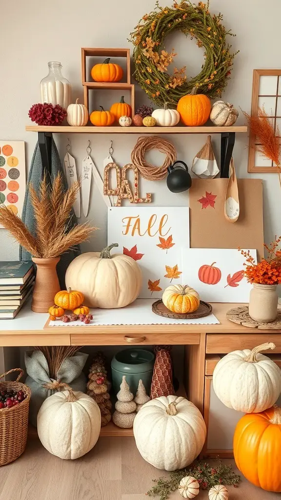 37+ Creative Indoor Fall Decorations You’ll Love 21 A cozy indoor fall decoration setup featuring pumpkins, a wreath, and autumn-themed decor.